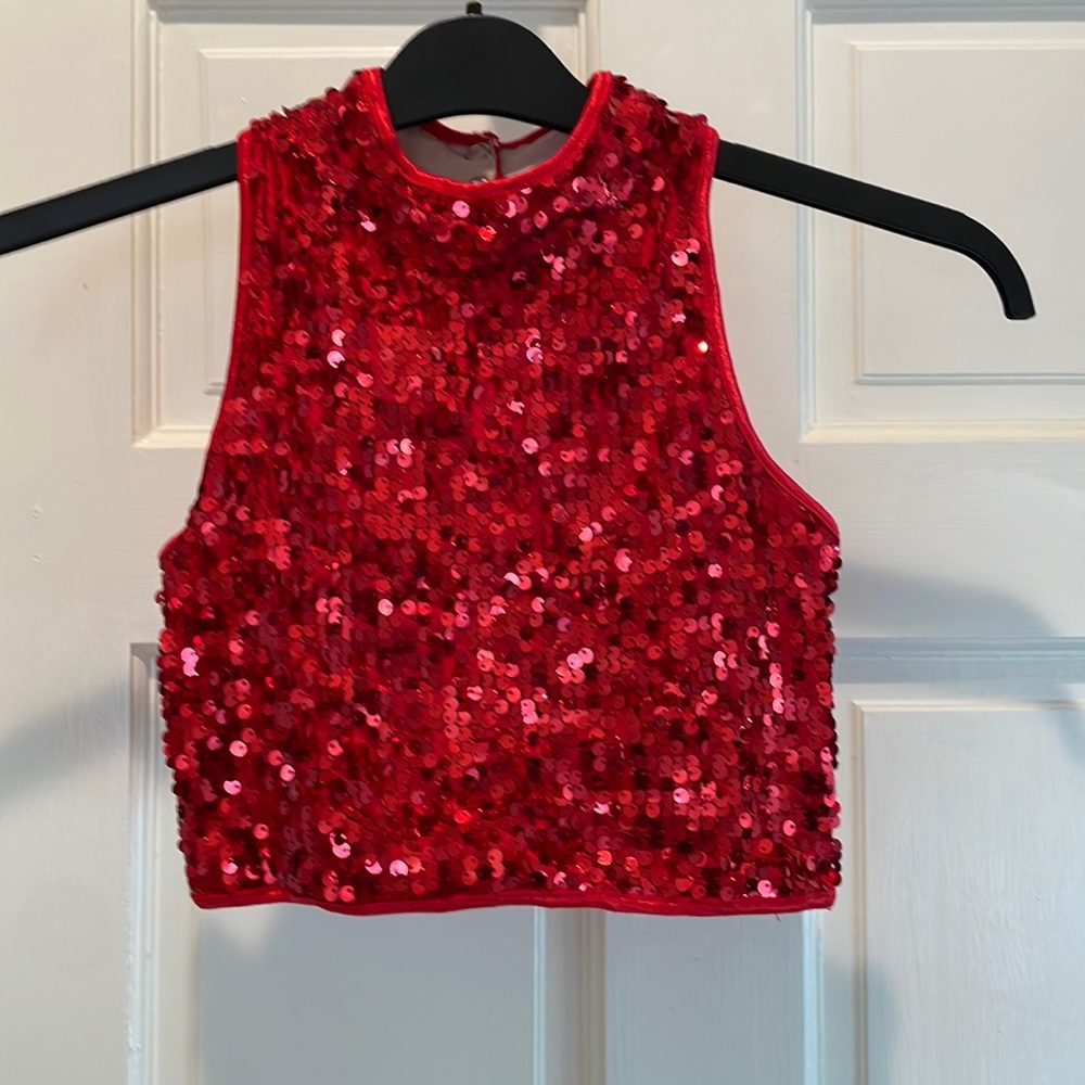 Red sequin halter top dance costume